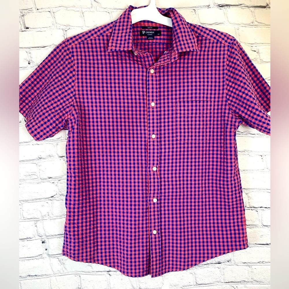 Daniel Cremieux Button Down size Large Purple & Coral Buffalo Plaid Dress Shirt